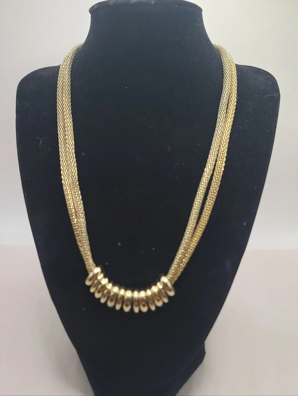 Double Snake Chain Gold Tone Statement Necklace With Gold Rings